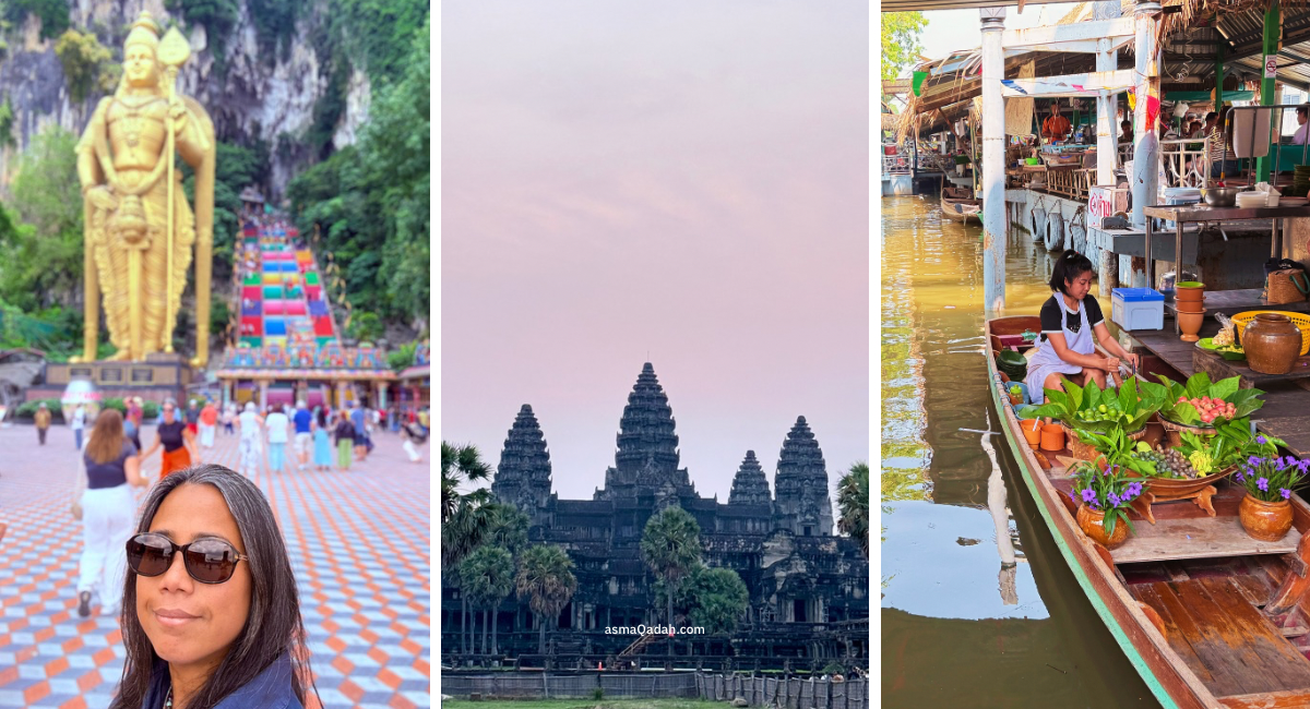 امرأة تلتقط صورة ذاتية أمام معبد باتو كايفز في كوالالمبور   معبد أنغكور وات عند شروق الشمس مع أشجار النخيل   بائعة تبيع خضروات وفواكه طازجة من قارب في سوق عائم